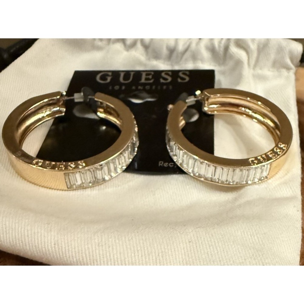 Guess Los Angeles Gold Baguette Stoned Large Hoop Earrings New Statement
